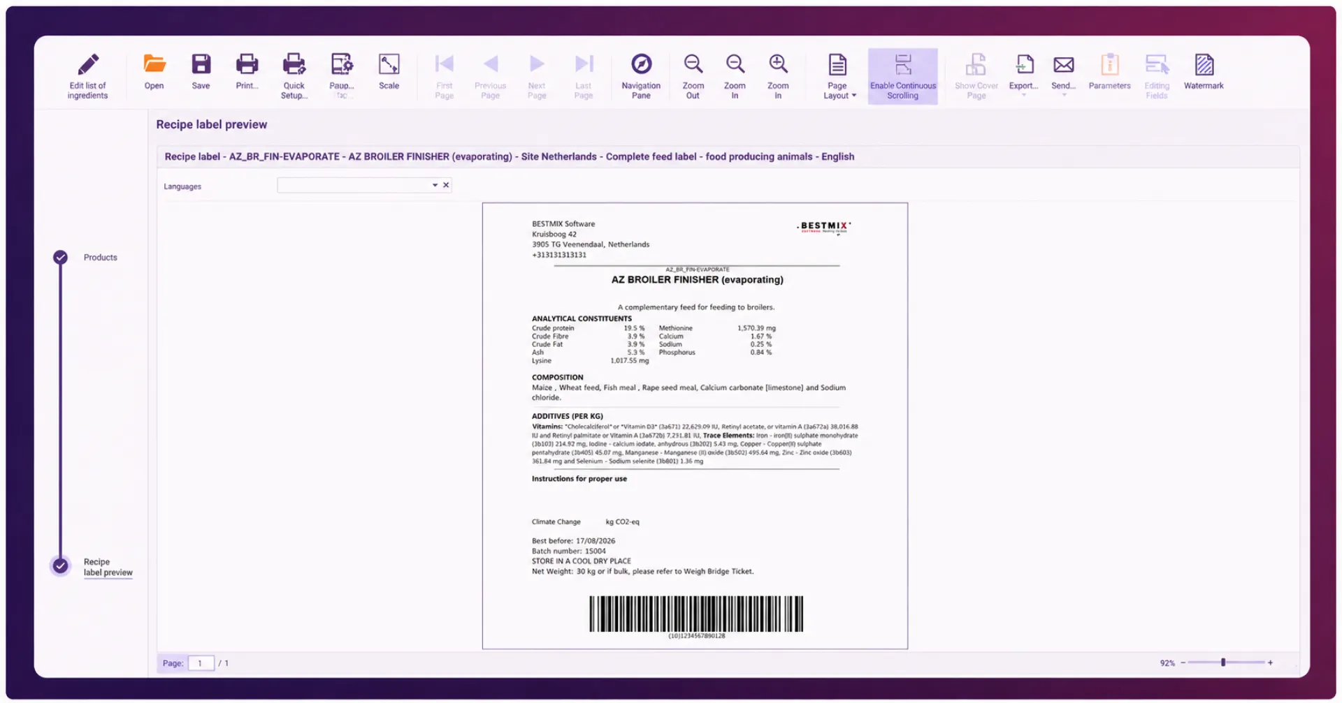 feed recipe managment software screenshot