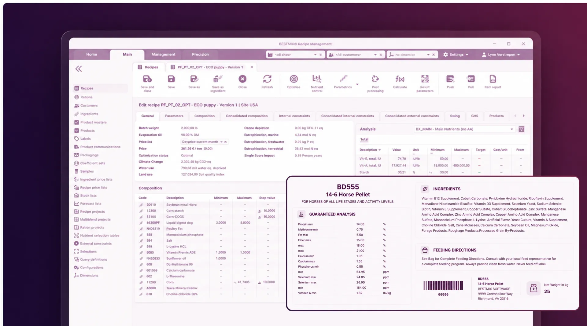 Real-time data-driven formulation for optimal feed quality